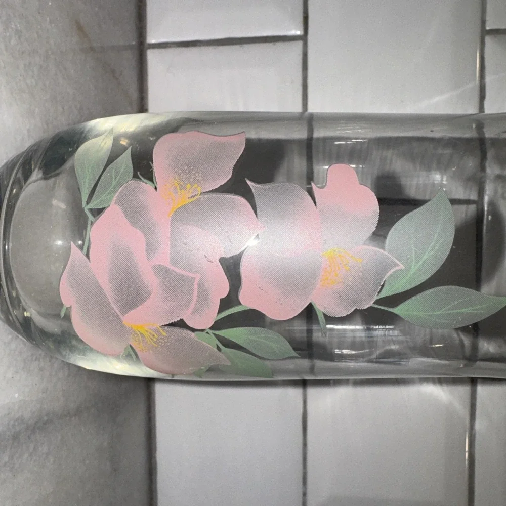 PASABAHCE TURKISH Glass Ice Lip Pitcher and 6 Glasses Pink FlowerMotif GW999 New